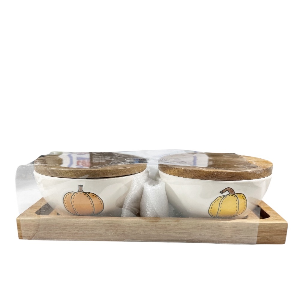 NEW Rae Dunn HARVEST & BLESSED PINCH BOWL SET with Wooden Lid and Serving Tray